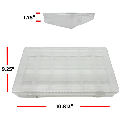 Clear plastic storage box with lid and compartmented tray for small parts; 10.813 x 9.25 x 1.75 in