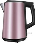 Kickin Rapid Boil Electric Kettle With Zero Hassle Auto Power Off Built From Top Shelf 304 Stainless Steel in pink, 1.7 liters capacity.