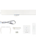 Automatic Electric Window Opener System with stainless steel chain drive, white box, and remote control.