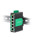 Rugged Five Port Gigabit PoE Switch For Solar RV Truck And VoIP Gear with 9 to 54V input mounted on DIN rail, side view