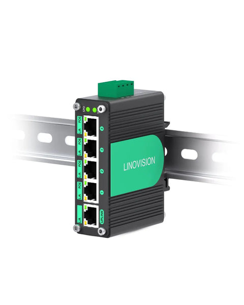 Rugged Five Port Gigabit PoE Switch For Solar RV Truck And VoIP Gear with 9 to 54V input mounted on DIN rail, side view