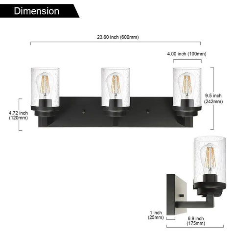 Three Light Matte Black Vanity Light With Seeded Glass Shades For Bathroom, Kitchen, Hallway, 23.6 Inch Dimensions Shown