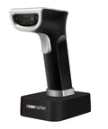 Front view of 1D And 2D Wireless Barcode Scanner With Bluetooth And 2.4G Modes Handheld QR Code Reader on charging stand.