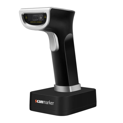 Front view of 1D And 2D Wireless Barcode Scanner With Bluetooth And 2.4G Modes Handheld QR Code Reader on charging stand.