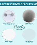 25mm Round Button Parts 500 Sets including metal cover, button back, blank paper, and plastic film for DIY crafts.