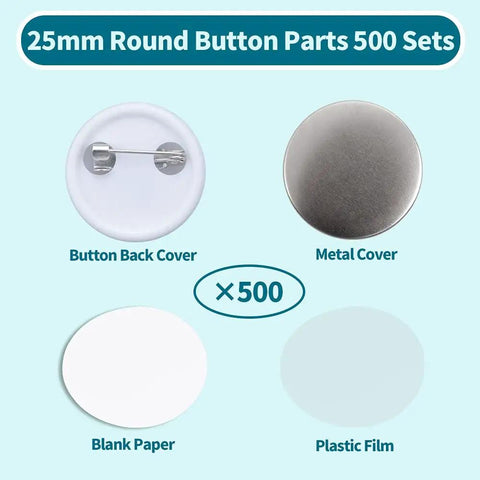 25mm Round Button Parts 500 Sets including metal cover, button back, blank paper, and plastic film for DIY crafts.