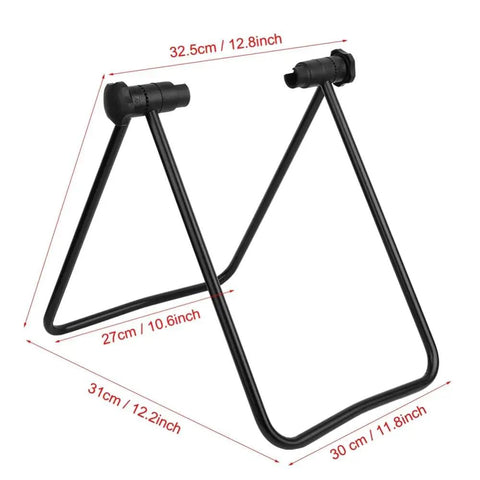 Adjustable Floor Bike Repair Stand For Road Mountain And E Bikes Indoor Outdoor Maintenance Rack, black metal frame with dimensions.