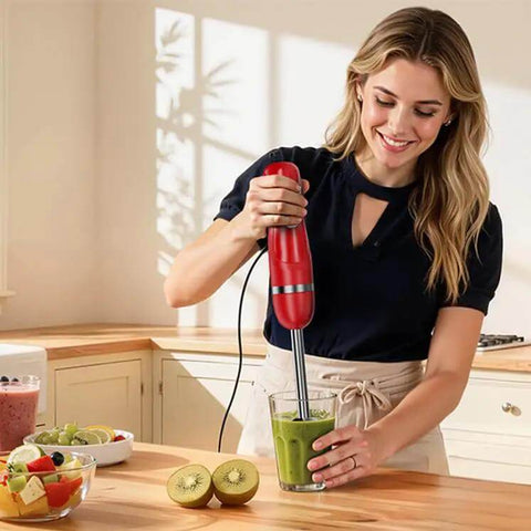 Knockout Corded Immersion Blender With 400 Watt Motor And Turbo Boost in use blending a green smoothie in a glass.