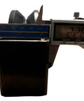 Measurement of cast iron v-groove gate wheel with digital caliper showing dimensions.