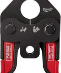 M18 PEX Crimp Jaw, 1 Inch, for Short Throw Press Tool, top view showing red grip and heavy duty aluminum construction.