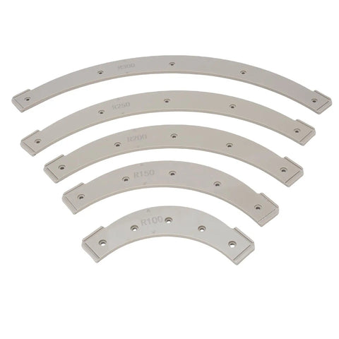 Top Notch Slick Radius Templates And Router Jigs For Crisp Corner Rounding With R100 To R300 Sizes In This Five Piece Set contains curved plastic templates.