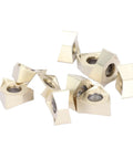 Front view: 10 gold-coated carbide inserts with central mounting holes for lathe turning