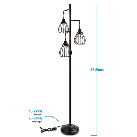 Industrial Tree Floor Lamp With Three Teardrop Cage Heads And ST58 Edison LED Bulbs, tall vintage pole light with sturdy base