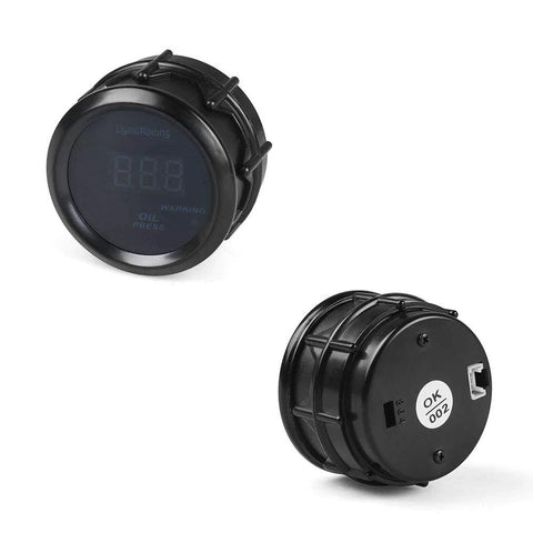 Front and back views of Dyno Racing2 52mm digital oil pressure gauge with blue LED (0-150 PSI); sensor port on back.