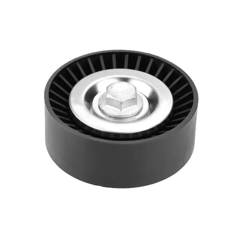 Ultimate A06G Belt Tensioner Assembly For BMW Main Engine Drive Kit With Idler Pulley 74mm Direct Bolt-On Fit No Mods Heavy Steel 11287524267 steel pulley close-up view.