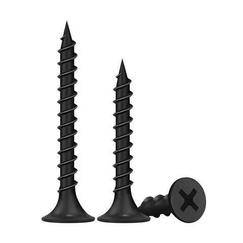 M3.5 Black Flat Head Wood Screws Featuring Phillips Drive for quick fixes, showcasing black self-tapping steel screws.