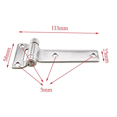 Two Pack 304 Stainless Steel T Shape Hatch Cover Hinges Five Point Three Inches Long For Containers Trucks Caravans Marine Hardware And Trailer Doors Tailgates with dimensions shown.