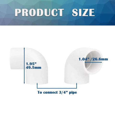 8-Piece Three-Quarter Inch White PVC Pipe Corner Fittings 90 Degree Elbow Connectors size dimensions
