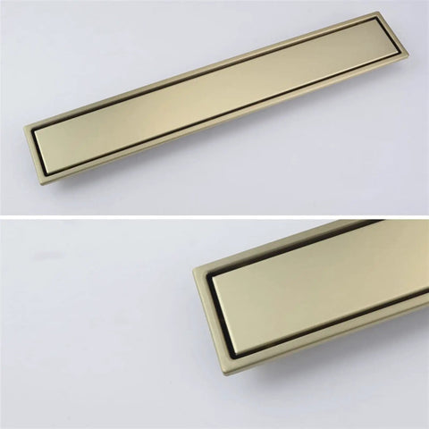 Slick Stainless Steel Linear Shower Drain With Built In Hair Catcher And Flush Grate Cover For Fast Water Flow and totally no fuss drainage performance, top view.
