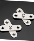 Two stainless steel pieces from detachable 24 piece heavy duty pivot hinges set for cabinets, doors, bookcases, and hidden kits.