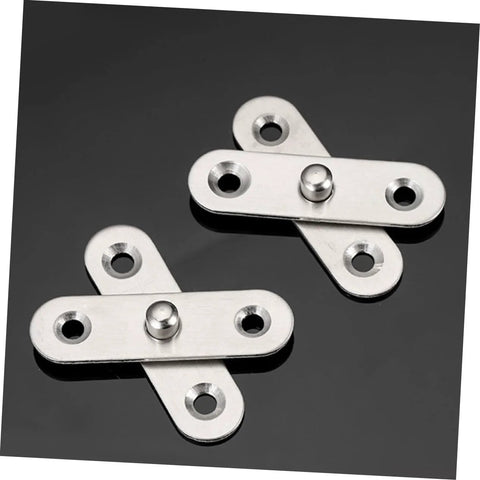 Two stainless steel pieces from detachable 24 piece heavy duty pivot hinges set for cabinets, doors, bookcases, and hidden kits.