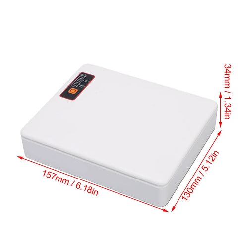 Mini Ups Dc Battery Backup 20800Mah Us Plug, compact white unit dimensions 157mm x 130mm, designed for reliable device power.