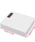 High Capacity 20800mAh Mini UPS Never Drops Signal, compact white device with power button, dimensions 157mm x 130mm.