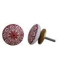 100 Piece Set Of Dang Nice Ceramic Red Daisy Flat Drawer Knobs, 1.5in wide, white base with red floral design.