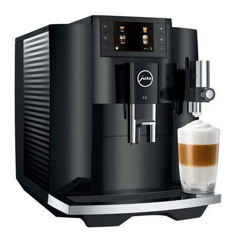 Top Shelf Heavy Duty Fully Automatic Coffee Maker With Real Bean To Cup Fresh Grind And Sleek Interface For Smooth Effortless Home Barista Brewing Action, black design, milk froth pouring.