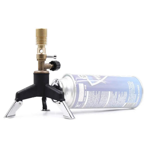 Portable Lab Gas Torch with Tripod Multifunction Lab Style Burner for Disinfection and Precision Flame On The Go Oxygen and Gas Adjustments No Gas Pipe Field Ready Butane Canister on white background.