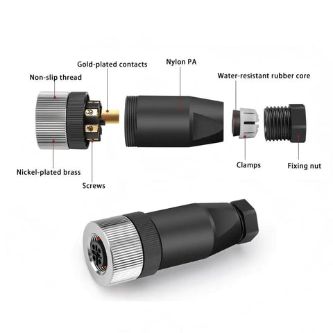 M12 5-Pin A-Code Female Straight Circular Sensor Aviation Connector Pack Of 5 Waterproof IP67 assembly parts view