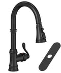 Matte Black Kitchen Faucet With Pull Down Sprayer, 3 Function Spray, Vintage Single Handle With Antique Brass Accent with deck plate
