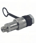 1/4-inch NPT hydraulic quick-connect coupler with knurled silver body and black collar, close-up view