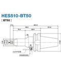 HES510 BT50 Tool Holder for CNC Machining, dimensions diagram with precise measurements for accurate machining setup.