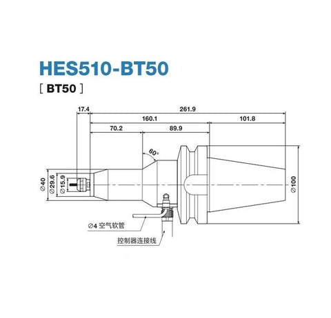 HES510 BT50 Tool Holder for CNC Machining, dimensions diagram with precise measurements for accurate machining setup.