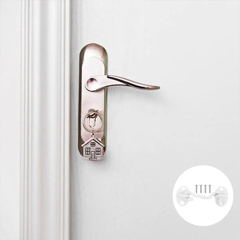 Gate Hook Latch Heavy Duty Stainless Steel Eye Window Garage Bathroom on a door handle with a house keychain.