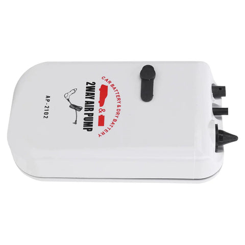 Portable white 2-way air pump for car and dry battery with nozzle and switch, model AP-2102.