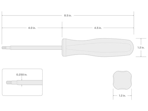 Diagram of T30 Torx Hard Handle Screwdriver With Black Oxide Blade DST11300 with dimensions and hex tip detail