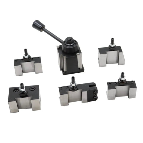 Lathe Quick Change Tool Post Set For 6 To 8 Inch Swing Pro Grade Kit with holders 250-000 to 250-010 displayed