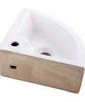 White corner vessel sink with faucet hole, Wall Mount Corner Vessel Sink With Chrome Faucet And Pop Up Drain, side view