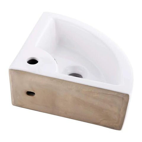 White corner vessel sink with faucet hole, Wall Mount Corner Vessel Sink With Chrome Faucet And Pop Up Drain, side view