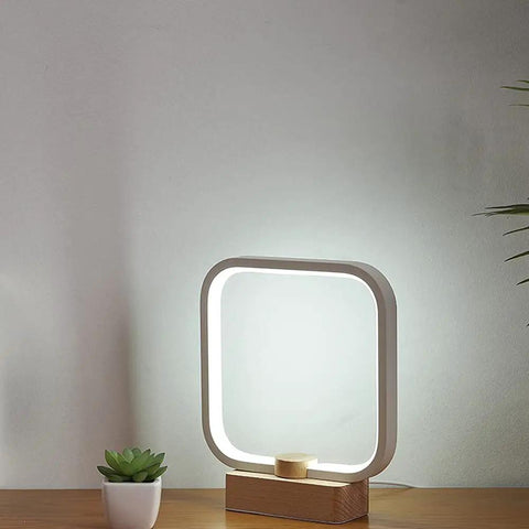 Cozy Minimalist Square Bedside Lamp With 3 Color Temperatures And Dimmable LED Lighting, aluminum accent on wooden base