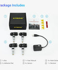 Front view of XTRONS TPMS tire pressure monitoring kit with 4 sensors, USB receiver, manual, adhesive pads, and note stickers