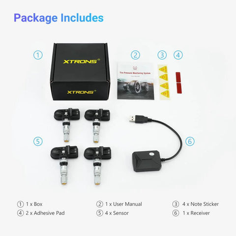 Front view of XTRONS TPMS tire pressure monitoring kit with 4 sensors, USB receiver, manual, adhesive pads, and note stickers