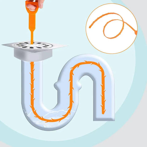 Illustration of Pro Grade Drain Hair Remover Kit With 6 Long Drain Snakes showing a snake removing clog in pipe