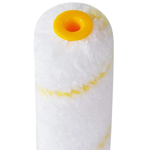 Close-up of a 4 inch high density microfiber paint roller cover with yellow end cap from the 20 Pack 4 Inch Paint Roller Covers High Density Microfiber Sleeves No Sweat Home Wall Painting Drywall Repair Smooth Finish Weekend Warrior Essential Home Gear.