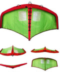 Inflatable Wing Foil For Surfing And Snow Skiing Handheld Surf Kite Wing with green and red design, shown from various angles