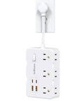 Game Changing Desktop Surge Protector Power Strip With Six AC Outlets And Four USB Charging Ports Low Profile Extension Cord mounted on wall outlet.