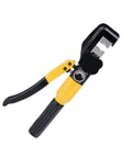Top Tier Manual Hydraulic Crimping Tool With Nine Sets Of Dies For Heavy Duty Wire Termination, yellow and black ergonomic design.