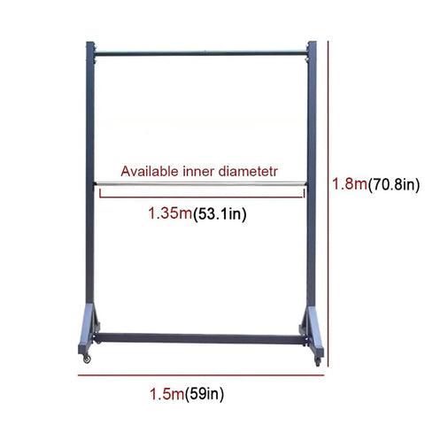 Heavy Duty Rolling Fabric Display Rack With Adjustable Cloth Roll Poles And Casters showing dimensions, steel frame, 10 pole organizer.